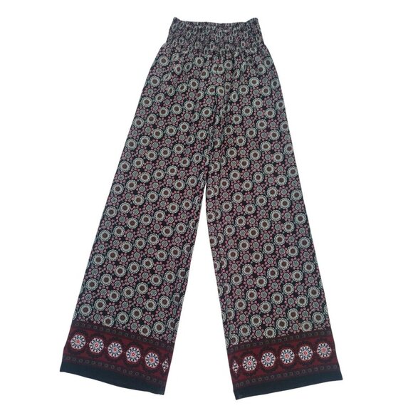 Joe B Black & Red Smocked Waist Wide Leg Floral Boho Pants Small Polyester. - Picture 5 of 7